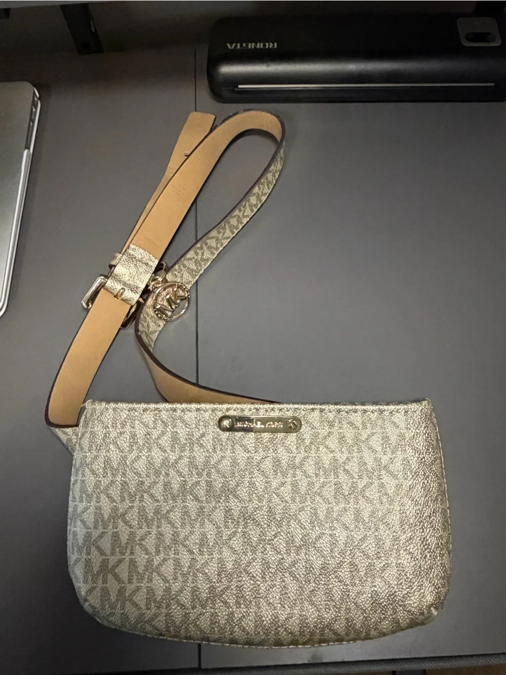 Michael Kors Metallic Gold Logo Belt Bag with Tan Strap